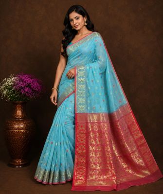 Sky blue Pure Handloom Dhakai Jamdani Saree From Bengal