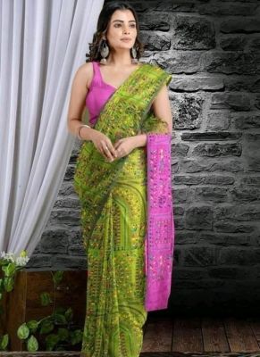 Olive Green Pure Handloom Madhubani Saree From Bengal