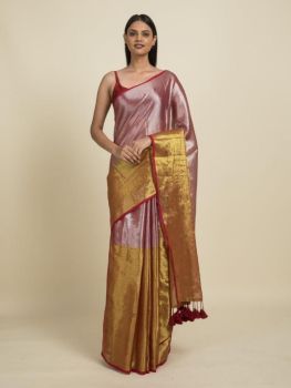 Rasberry Red Golden Pure Handloom Tissue Saree From Bengal