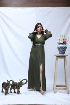 Olive Mettalic Georgette Evening Dress