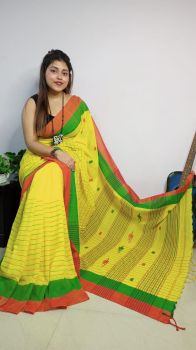 Light Yellow Buti Checks Pure Handloom Cotton Saree