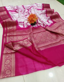 Pink White Printed Pure Handloom Silk Saree
