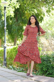 Light Red Pure Cotton Hand Block Printed One Piece