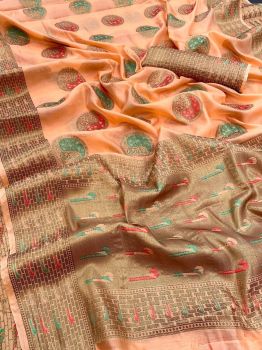 Peach Butta Cross Stitch Thread Work Georgette Silk Saree