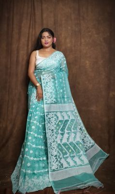 Aqua Blue Pure Handloom Dhakai Jamdani Saree From Bengal