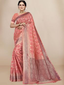 Rose Gold & Gold-Toned Woven Design Zari Organza Saree