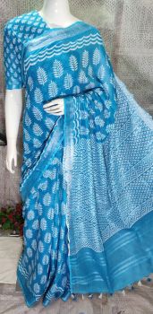 Peacock Blue Hand Block Printed Cotton Saree from Bihar