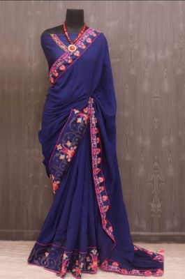 Navy Blue Pure Handloom Silk Saree From Banaras