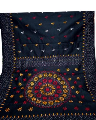 Black Handloom Kantha Stitch Saree From Bengal