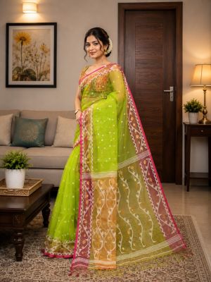Parrot Green Pure Handloom Resham Dhakai Jamdani Saree From Bengal