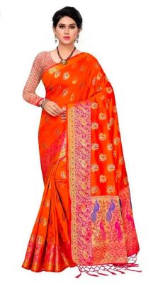 Red Orange Pure Handloom Silk Saree From Banaras