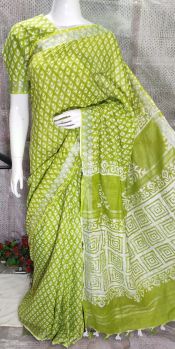 Olive Green Hand Block Printed Cotton Saree from Bihar