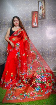 Red Hand Printed Pure Handloom Organza Saree