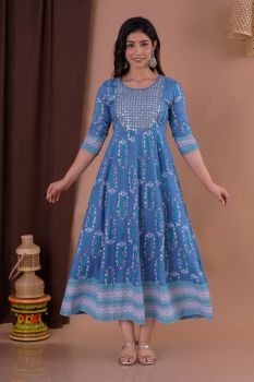 Blue Cotton Kurti Flex With Mirrors Embrodery Work