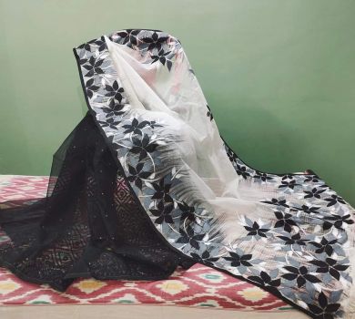 Black and White Pure Handloom Resham Kota Jamdani Flower Design Saree