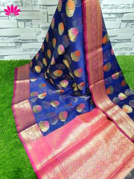 Blue Pink Butta Kora Saree From Banarasi