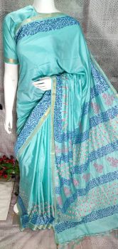 Sea Green Katan Silk Hand Block Print Saree From Bihar