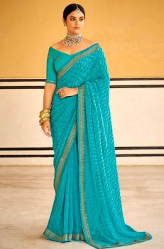 Blue Pure Handloom Georgette Saree From Banaras