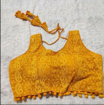 Yellow Chikunkari Silk Cotton Pad Readymade Blouse