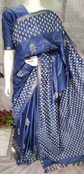 Dark Blue Katan Silk Hand Block Print Saree From Bihar