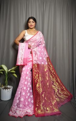 Rose Pink Pure Handloom Dhakai Jamdani Saree From Bengal