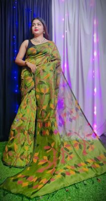 Mehandi Green Pure Handloom Dhakai Jamdani Saree From Bengal