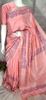 Light Coral Katan Silk Hand Block Print Saree From Bihar