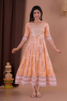 Peach Cotton Kurti Flex With Mirrors Embrodery Work