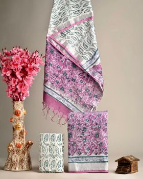 Off White & Baby Pink Hand Block Printed Linen Suit Dress Material