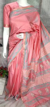 Sweet Pink Katan Silk Hand Block Print Saree From Bihar