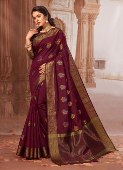 Maron Chanderi Cotton Weaving Saree Wedding Wear