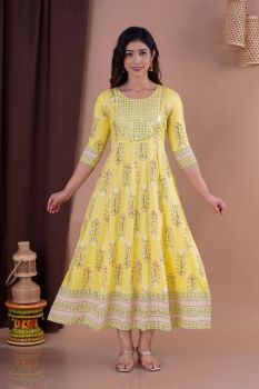 Yellow Cotton Kurti Flex With Mirrors Embrodery Work