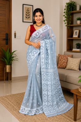 Sky Blue Pure Handloom Dhakai Jamdani Saree From Bengal