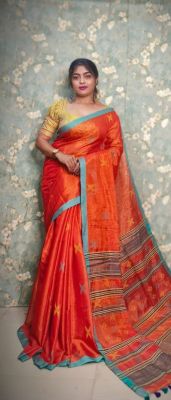 Orange Pure Handloom Tissue Silk Saree From Bengal