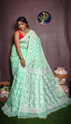 Light Teal Pure Handloom Dhakai Jamdani Saree From Bengal