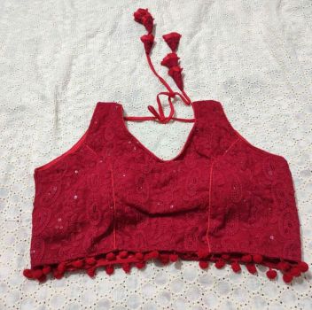 Maroon Chikunkari Silk Cotton Pad Readymade Blouse
