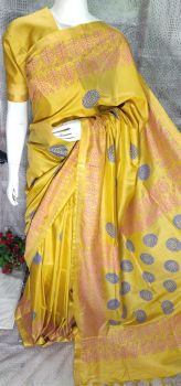 Mustard Yellow Katan Silk Hand Block Print Saree From Bihar