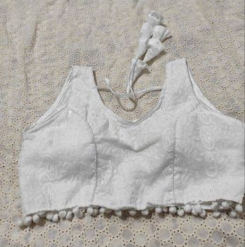 White Chikunkari Silk CottonPad Readymade Blouse