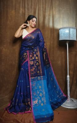 Blue Silk Cotton Pure Handloom Cotton Saree
