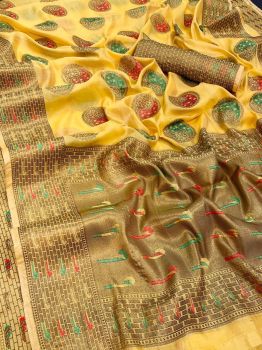 Yellow Butta Cross Stitch Thread Work Georgette Silk Saree