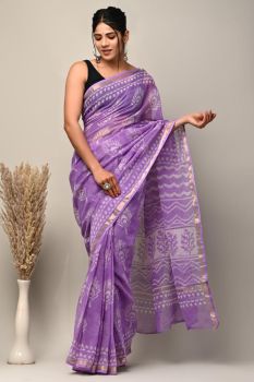 Pastel Violet Hand Block Kota Doriya Printed Leaf Design Saree