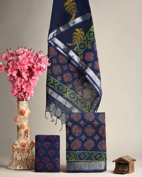 Dark Blue Hand Block Printed Linen Suit Dress Material