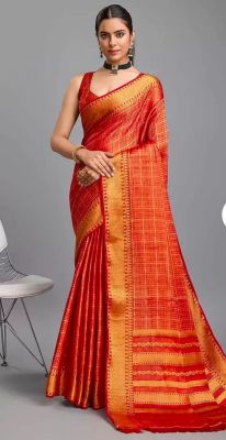 Red Orange Pure Handloom Silk Saree From Banaras