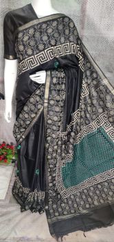 Black Flower Border Katan Silk Hand Block Print Saree From Bihar