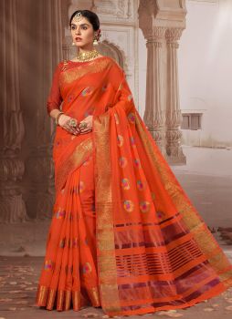 Orange Chanderi Cotton Weaving Wedding Wear Saree