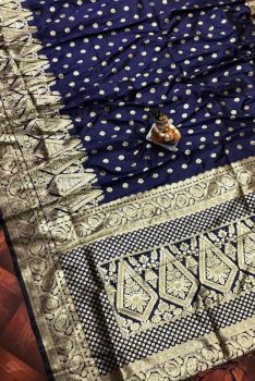 Dark Blue Banarasi Semi Silk Saree From Banaras