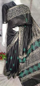 Black Flower Design Katan Silk Hand Block Print Saree From Bihar
