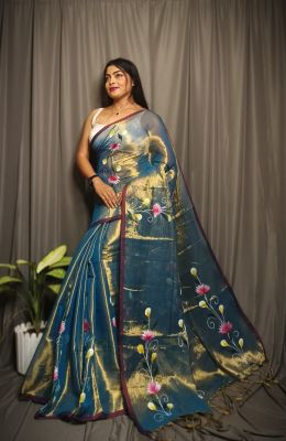 Teal Pure Handloom Tissue Cotton Saree From Bengal