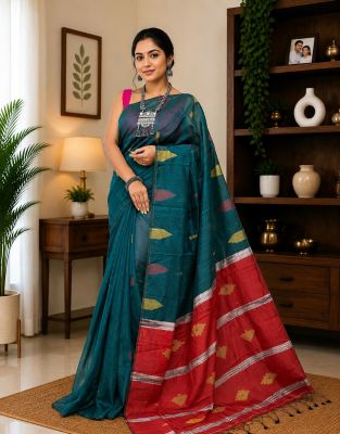 Teal Blue Pure Handloom silk Cotton Saree From Bengal