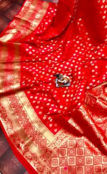 Red Banarasi Silk Antique Gold Zari Saree From Banaras